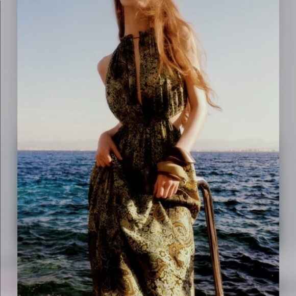 Zara Green Paisley Cutout Dress Size Large - Picture 3 of 13